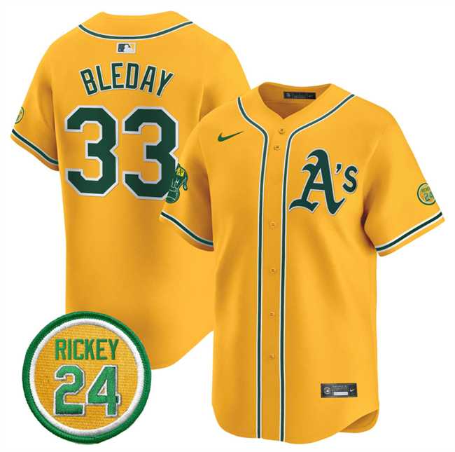 Mens Oakland Athletics #33 JJ Bleday Yellow 2024 Limited With Rickey Henderson Patch Stitched Jersey Dzhi